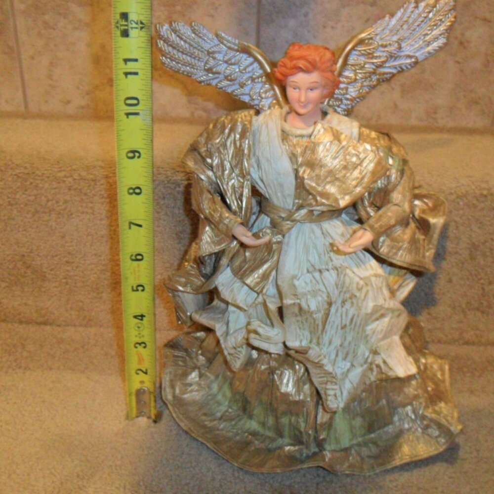 Angel Tree Topper 12" Fabric Paper mache Gold & White Christmas decor - Picture 5 of 5